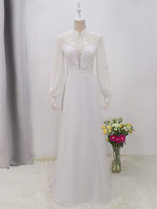 Color=White | Simple Chiffon Wedding Dress With Chinese Style Collar-White 8
