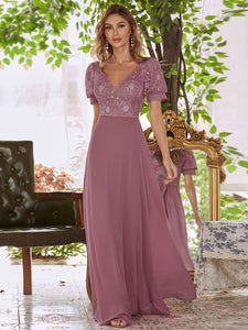 Color=Purple Orchid | Stylish V Neck A-Line Chiffon Wedding Dress For Women With Lace-Purple Orchid 8