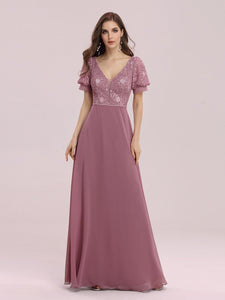 Color=Purple Orchid | Stylish V Neck A-Line Chiffon Wedding Dress For Women With Lace-Purple Orchid 1