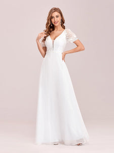 Color=White | Stylish V Neck A-Line Chiffon Wholesale Wedding Dress For Women With Lace-White 1