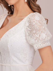 Color=White | Stylish V Neck A-Line Chiffon Wholesale Wedding Dress For Women With Lace-White 3