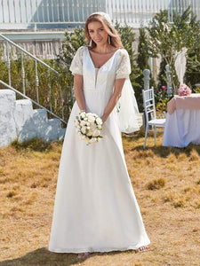 Color=White | Plain Lace & Chiffon Wedding Dress With Puff Sleeves-White 1