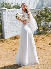 Load image into Gallery viewer, Color=White | Plain Lace &amp; Chiffon Wedding Dress With Puff Sleeves-White 3