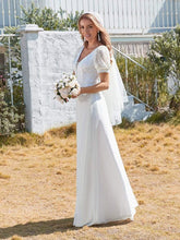 Load image into Gallery viewer, Color=White | Plain Lace &amp; Chiffon Wedding Dress With Puff Sleeves-White 4