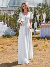 Load image into Gallery viewer, Color=White | Plain Lace &amp; Chiffon Wedding Dress With Puff Sleeves-White 5
