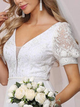 Load image into Gallery viewer, Color=White | Plain Lace &amp; Chiffon Wedding Dress With Puff Sleeves-White 6