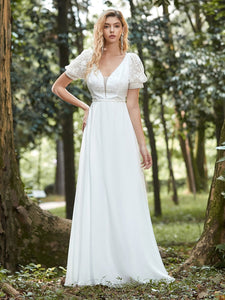 Color=White | Stylish V Neck A-Line Chiffon Wholesale Wedding Dress For Women With Lace-White 4