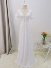 Load image into Gallery viewer, Color=White | Plain Lace &amp; Chiffon Wedding Dress With Puff Sleeves-White 7