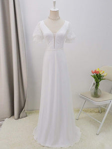 Color=White | Plain Lace & Chiffon Wedding Dress With Puff Sleeves-White 7