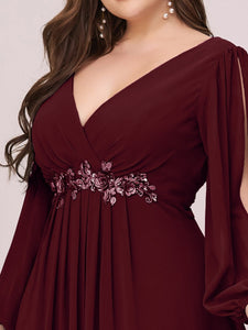 Color=Burgundy | Wholesale Chiffon Plus Size Evening Dresses With Long Lantern Sleeves-Burgundy 5