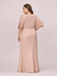 Color=Blush | Elegant V Neck Fishtail Plus Size Evening Dress Wholesale-Blush 2