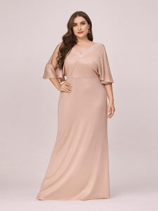 Color=Blush | Elegant V Neck Fishtail Plus Size Evening Dress Wholesale-Blush 1