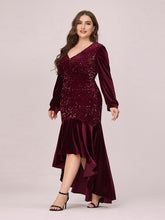 Load image into Gallery viewer, Color=Burgundy | Gorgeous V Neck Sequin &amp; Velvet High-Low Plus Size Party Dress-Burgundy 3