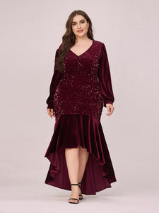 Color=Burgundy | Gorgeous V Neck Sequin & Velvet High-Low Plus Size Party Dress-Burgundy 4