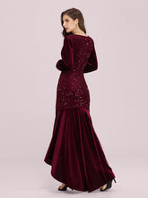 Load image into Gallery viewer, Color=Burgundy | Gorgeous V Neck Sequin &amp; Velvet High-Low Plus Size Party Dress-Burgundy 2