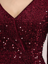 Load image into Gallery viewer, Color=Burgundy | Gorgeous V Neck Sequin &amp; Velvet High-Low Plus Size Party Dress-Burgundy 5