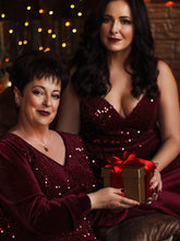 Load image into Gallery viewer, Color=Burgundy | Gorgeous V Neck Sequin &amp; Velvet High-Low Plus Size Party Dress-Burgundy 9