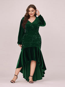 Color=Dark Green | Gorgeous V Neck Sequin & Velvet High-Low Plus Size Party Dress-Dark Green 3