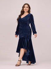 Load image into Gallery viewer, Color=Navy Blue | Gorgeous V Neck Sequin &amp; Velvet High-Low Plus Size Party Dress-Navy Blue 3