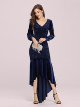 Load image into Gallery viewer, Color=Navy Blue | Gorgeous V Neck Sequin &amp; Velvet High-Low Plus Size Party Dress-Navy Blue 1