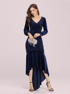 Color=Navy Blue | Gorgeous V Neck Sequin & Velvet High-Low Plus Size Party Dress-Navy Blue 1