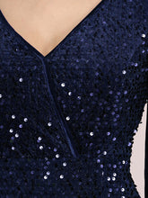 Load image into Gallery viewer, Color=Navy Blue | Gorgeous V Neck Sequin &amp; Velvet High-Low Plus Size Party Dress-Navy Blue 5