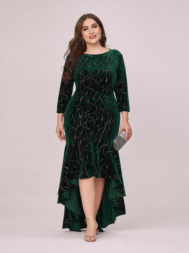 Color=Dark Green | Elegant Plus Size Bodycon High-Low Velvet Party Dress-Dark Green 1