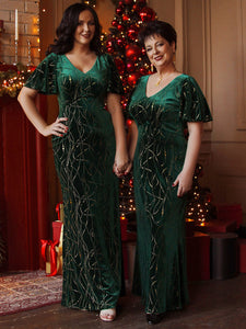 Color=Dark Green | Elegant Plus Size Bodycon High-Low Velvet Party Dress-Dark Green 7