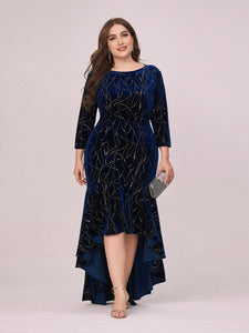 Color=Navy Blue | Elegant Plus Size Bodycon High-Low Velvet Party Dress-Navy Blue 1