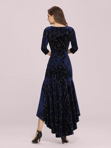 Color=Navy Blue | Elegant Plus Size Bodycon High-Low Velvet Party Dress-Navy Blue 2