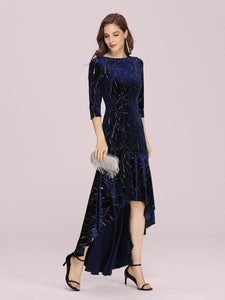 Color=Navy Blue | Elegant Plus Size Bodycon High-Low Velvet Party Dress-Navy Blue 1