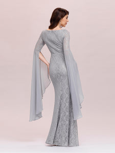 Color=Grey | Stylish Fishtail Squre Neckline Wholesale Prom Dress With Angle Sleeves-Grey 5