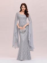 Load image into Gallery viewer, Color=Grey | Stylish Fishtail Squre Neckline Wholesale Prom Dress With Angle Sleeves-Grey 5