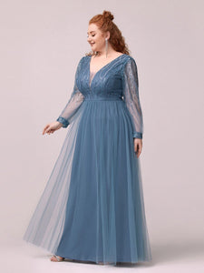 Color=Dusty Navy | Elegant Plus Size Tulle Maxi Long Evening Dress with Sequin-Dusty Navy 3