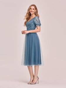 Color=Dusty Navy | Gorgeous V Neck Tulle Knee-Length Wholesale Cocktail Dress With Sequin-Dusty Navy 3