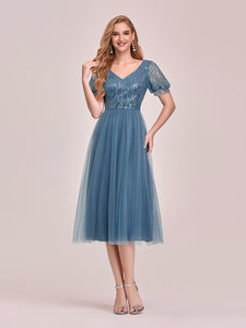 Color=Dusty Navy | Gorgeous V Neck Tulle Knee-Length Wholesale Cocktail Dress With Sequin-Dusty Navy 1