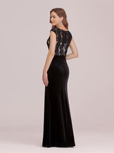 Load image into Gallery viewer, Color=Black | Sassy Round Neck Wholesale Evening Dress With Lace And Beaded Belt-Black 2