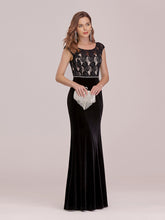 Load image into Gallery viewer, Color=Black | Sassy Round Neck Wholesale Evening Dress With Lace And Beaded Belt-Black 1