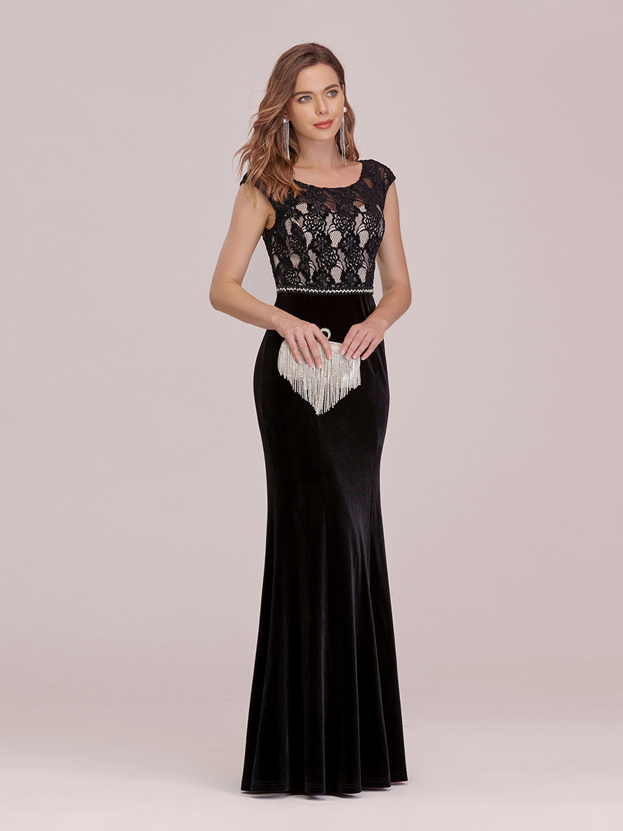 Color=Black | Sassy Round Neck Wholesale Evening Dress With Lace And Beaded Belt-Black 1