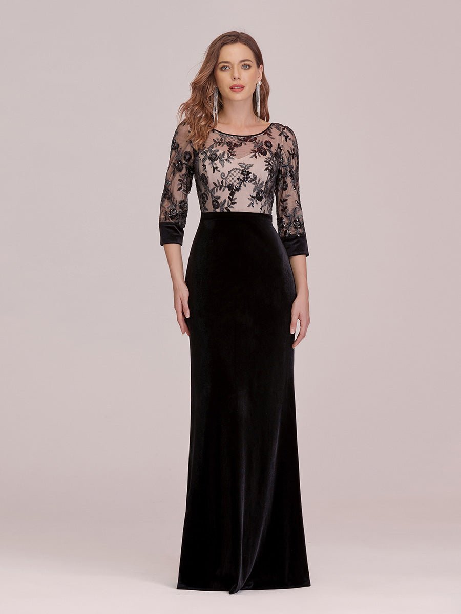 Color=Black | Sexy High Waist Velvet Wholesale Evening Dress With Lace Bodice-Black 1