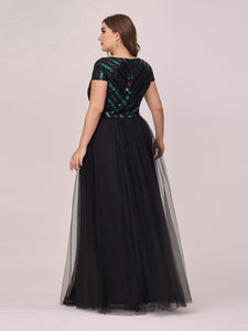 Color=Black | Stylish V Neck Wholesale Plus Size Tulle Evening Dress With Sequin-Black 2