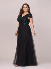 Load image into Gallery viewer, Color=Black | Stylish V Neck Wholesale Plus Size Tulle Evening Dress With Sequin-Black 3