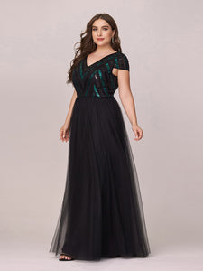 Color=Black | Stylish V Neck Wholesale Plus Size Tulle Evening Dress With Sequin-Black 3