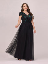 Load image into Gallery viewer, Color=Black | Stylish V Neck Wholesale Plus Size Tulle Evening Dress With Sequin-Black 4