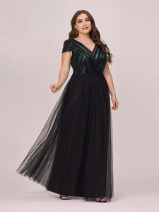 Color=Black | Stylish V Neck Wholesale Plus Size Tulle Evening Dress With Sequin-Black 4