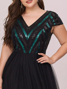 Color=Black | Stylish V Neck Wholesale Plus Size Tulle Evening Dress With Sequin-Black 5