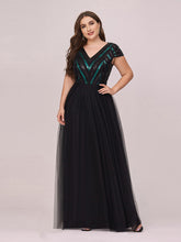 Load image into Gallery viewer, Color=Black | Stylish V Neck Wholesale Plus Size Tulle Evening Dress With Sequin-Black 1