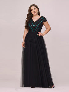 Color=Black | Stylish V Neck Wholesale Plus Size Tulle Evening Dress With Sequin-Black 1