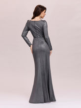 Load image into Gallery viewer, Color=Grey | Adorable V Neck Wholesale Evening Dress With Long Sleeves-Grey 2