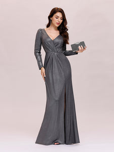 Color=Grey | Adorable V Neck Wholesale Evening Dress With Long Sleeves-Grey 3